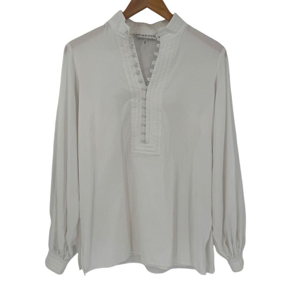 Trina Turk Bianca Blouse‎ Long Balloon Sleeve Half Button Up Women Small White